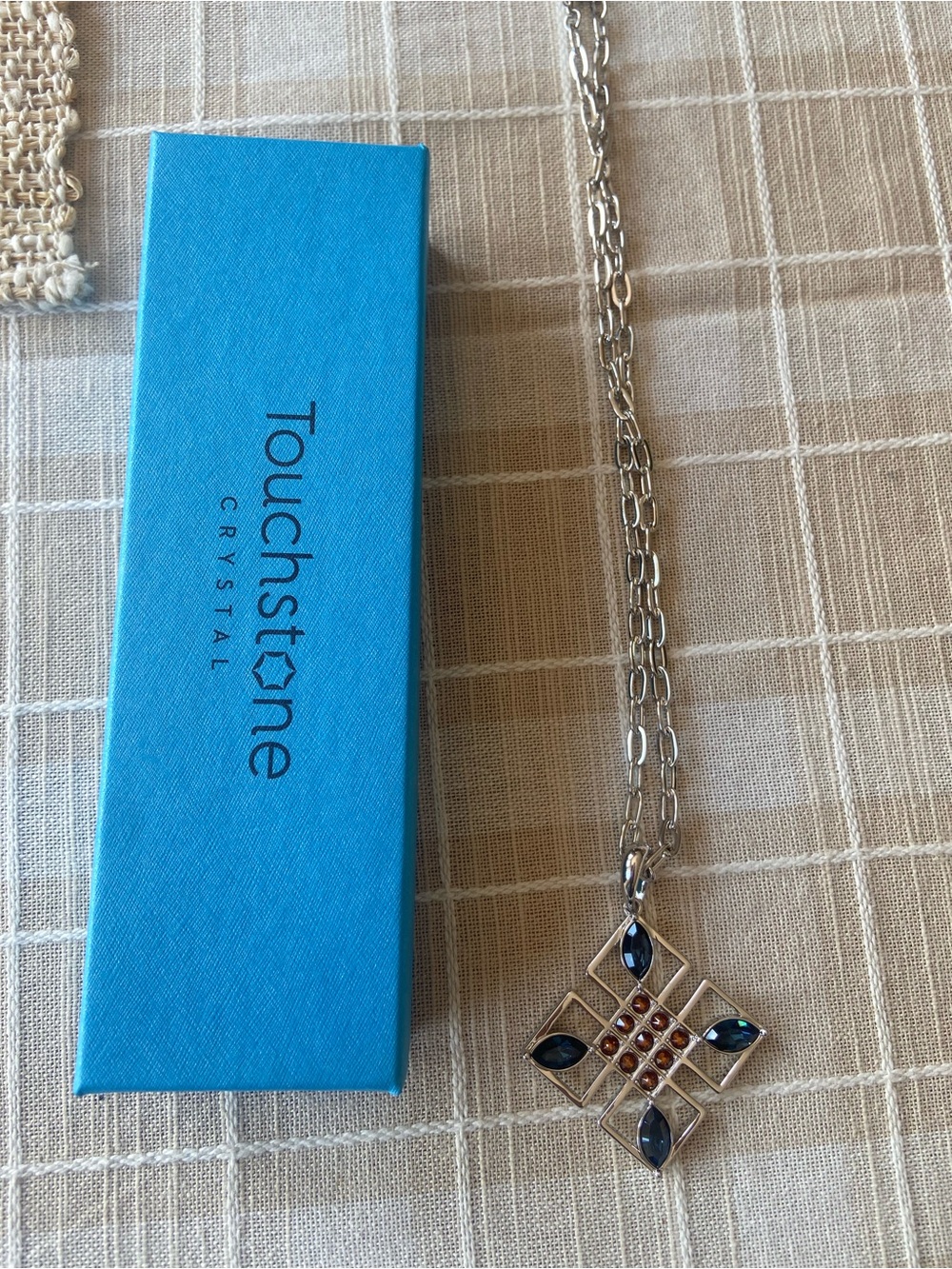 Touchstone Crystal Gallery necklace with blue and golden brown crystals - new!